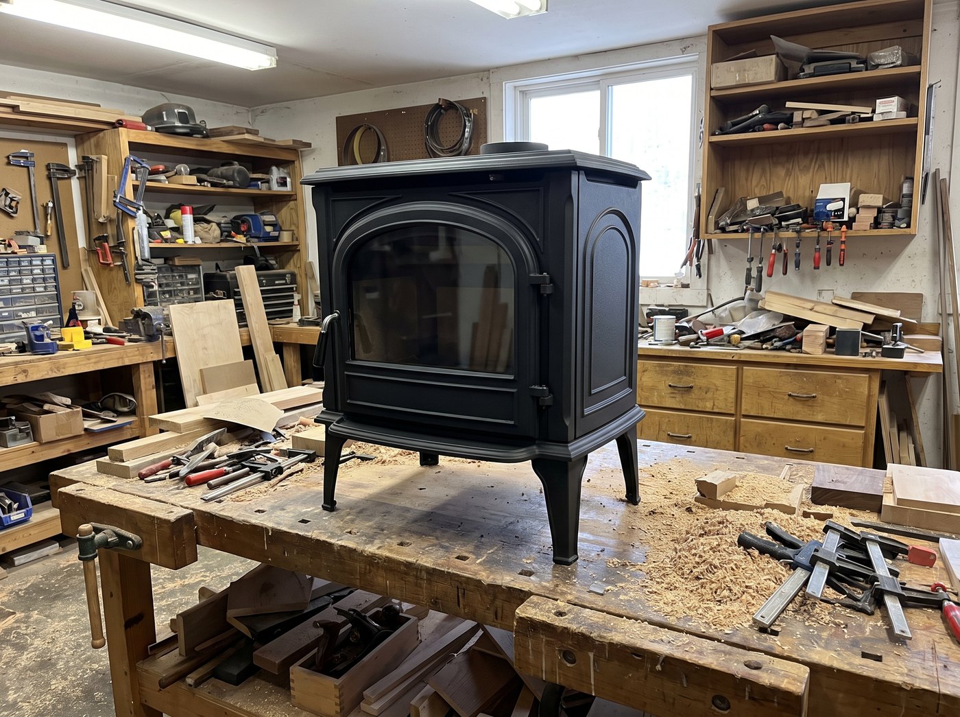 Photo brute d'un poêle à bois sur un établi d'atelier